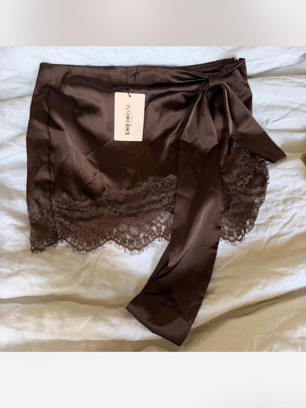 SHEIN Chocolate Brown Satin Lace Trim Mini Skirt with Side Tie